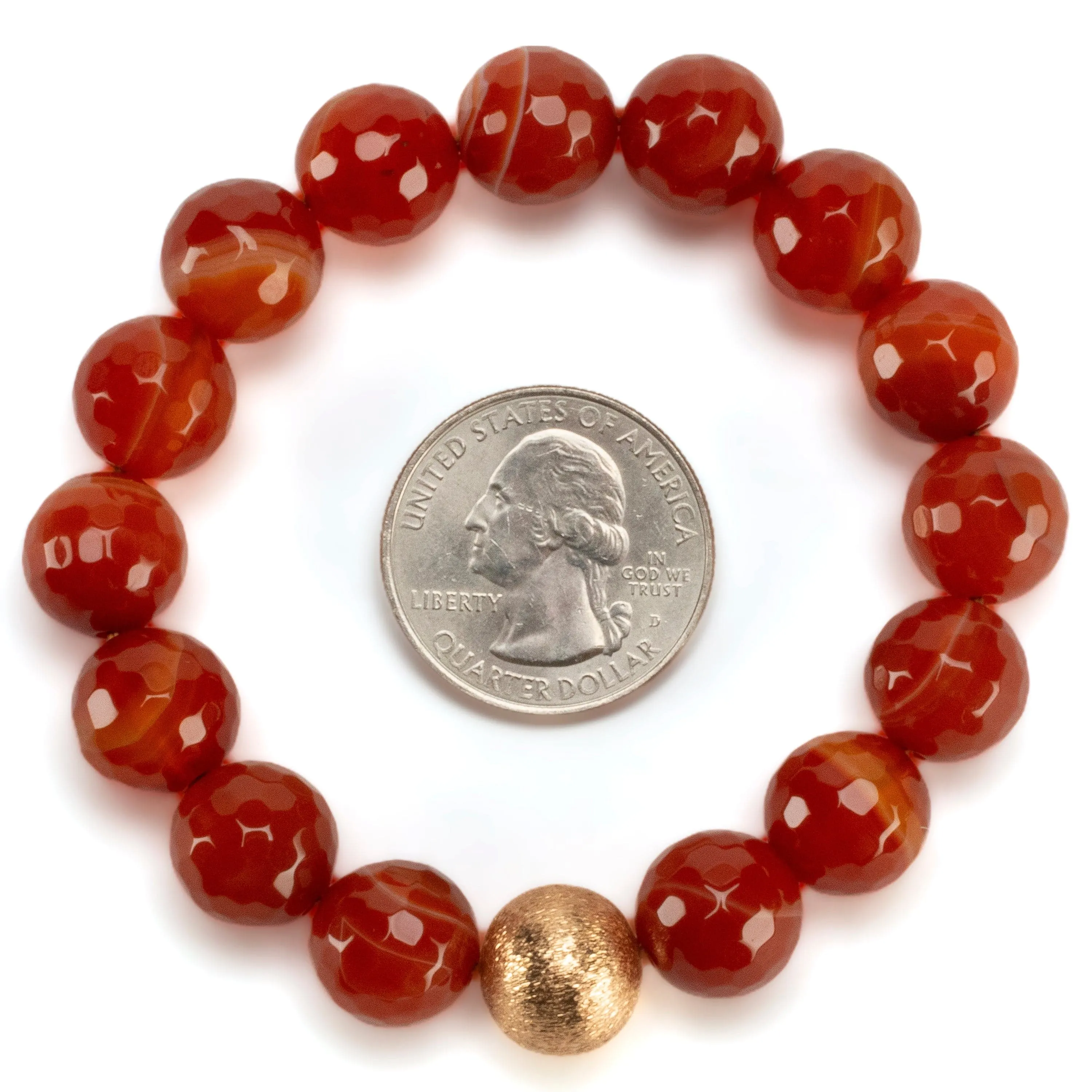 Faceted Carnelian 12mm Gemstone Elastic Bracelet with Matte Gold Accent Bead