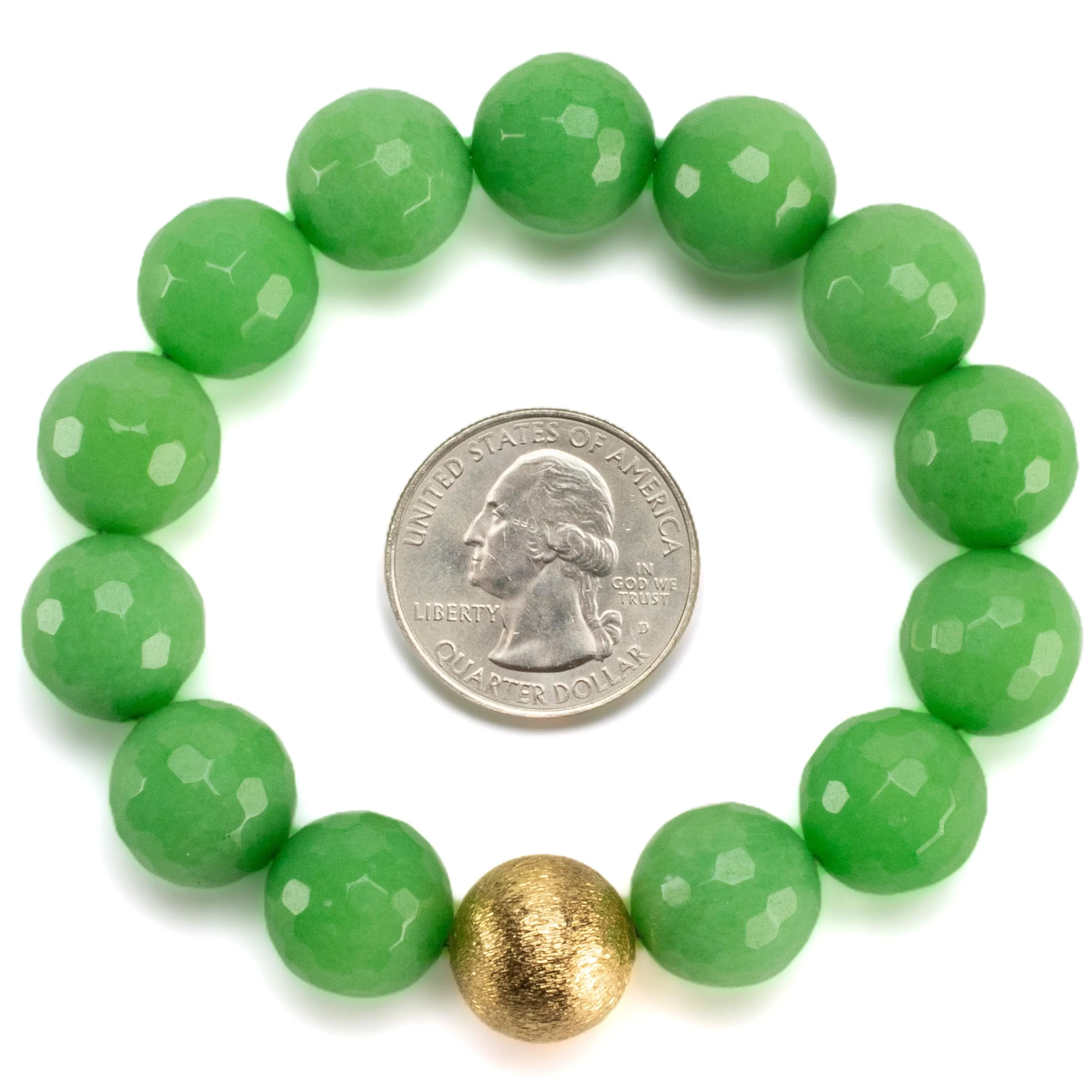 Faceted Green Color Enhanced Jade with Gold Accent Bead Gemstone Elastic Bracelet