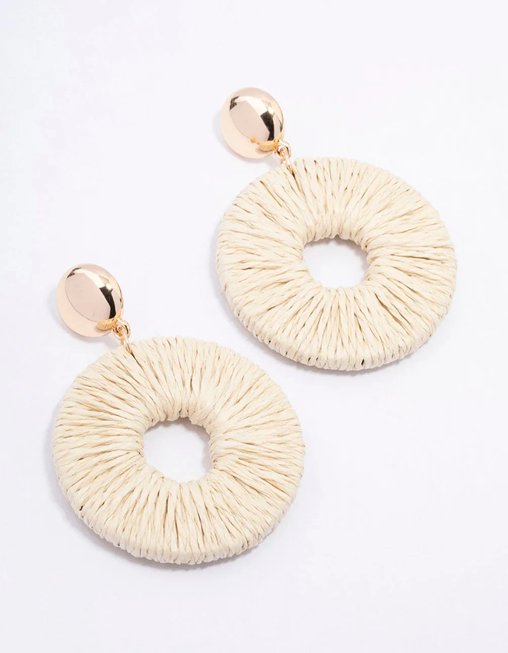 Gold Disc Raffia Circle Drop Earrings