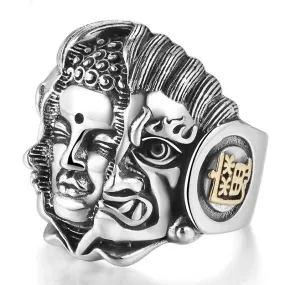 Gothic Buddha and Devil 925 Sterling Silver Adjustable Vintage Biker Ring