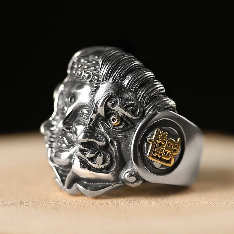 Gothic Buddha and Devil 925 Sterling Silver Adjustable Vintage Biker Ring