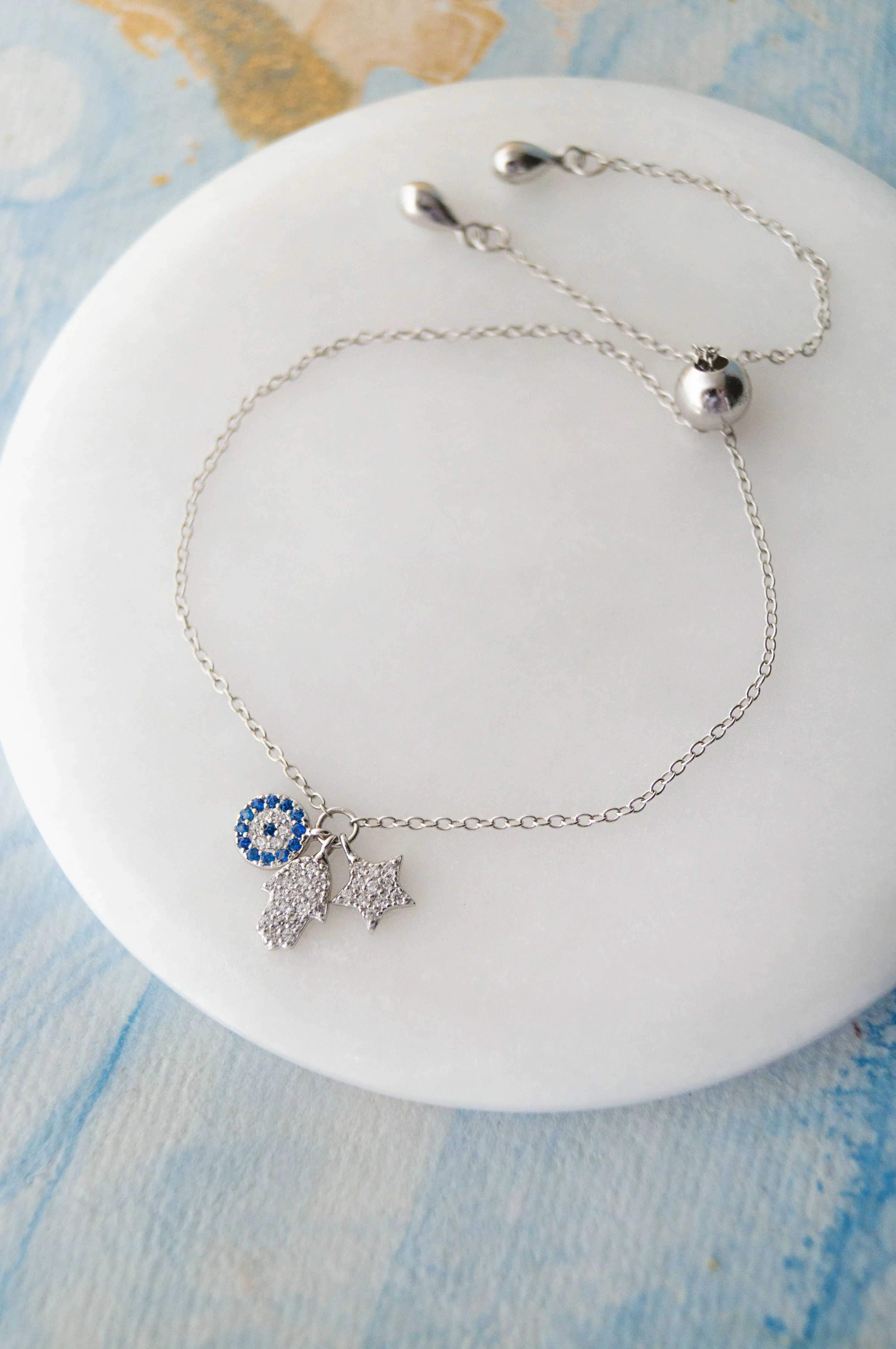 Hamsa Evil Eye Charm Sterling Silver Pull Chain Bracelet