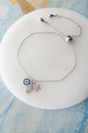 Hamsa Evil Eye Charm Sterling Silver Pull Chain Bracelet