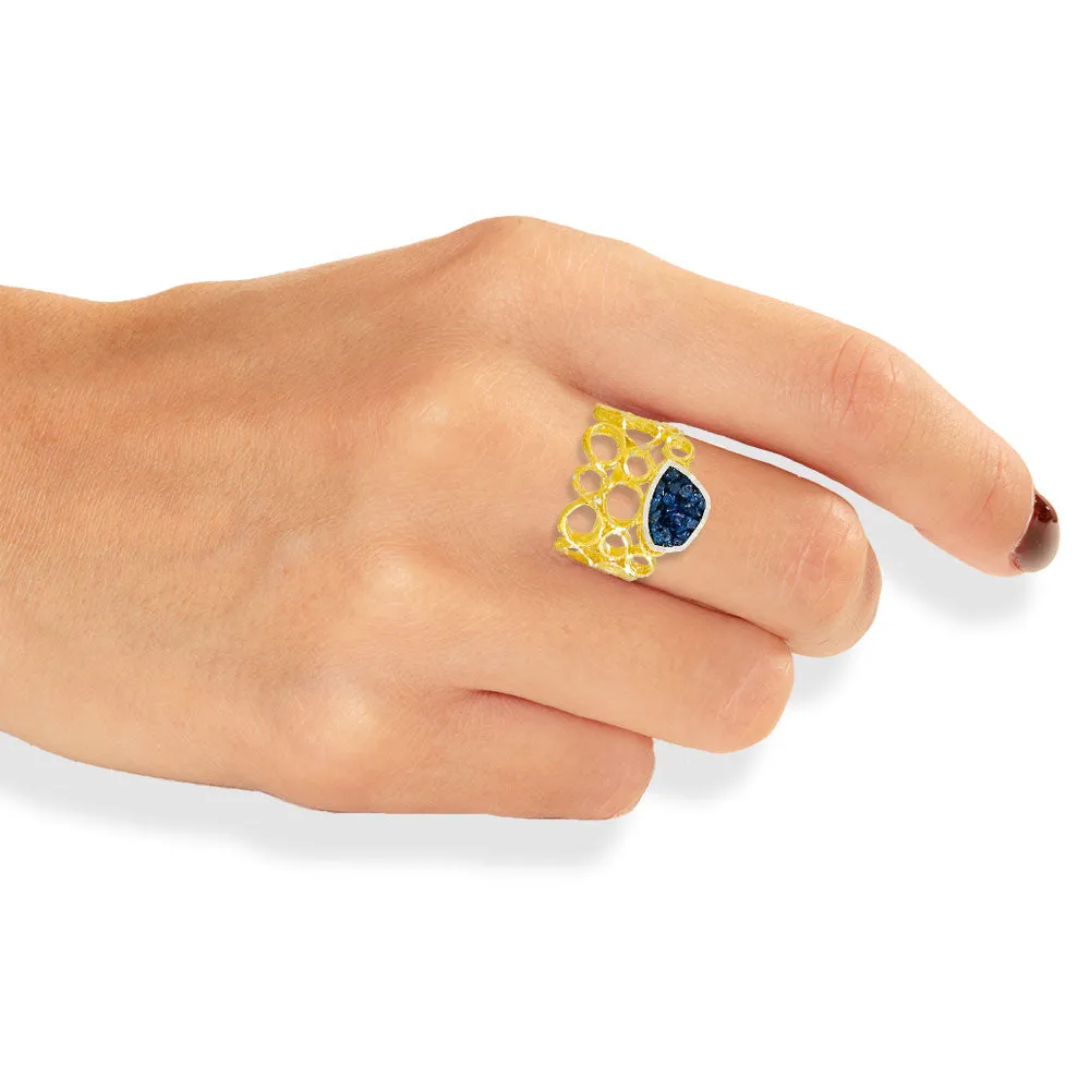 Handmade Gold Plated Silver Diamond Curved Ring With Blue Crystals all