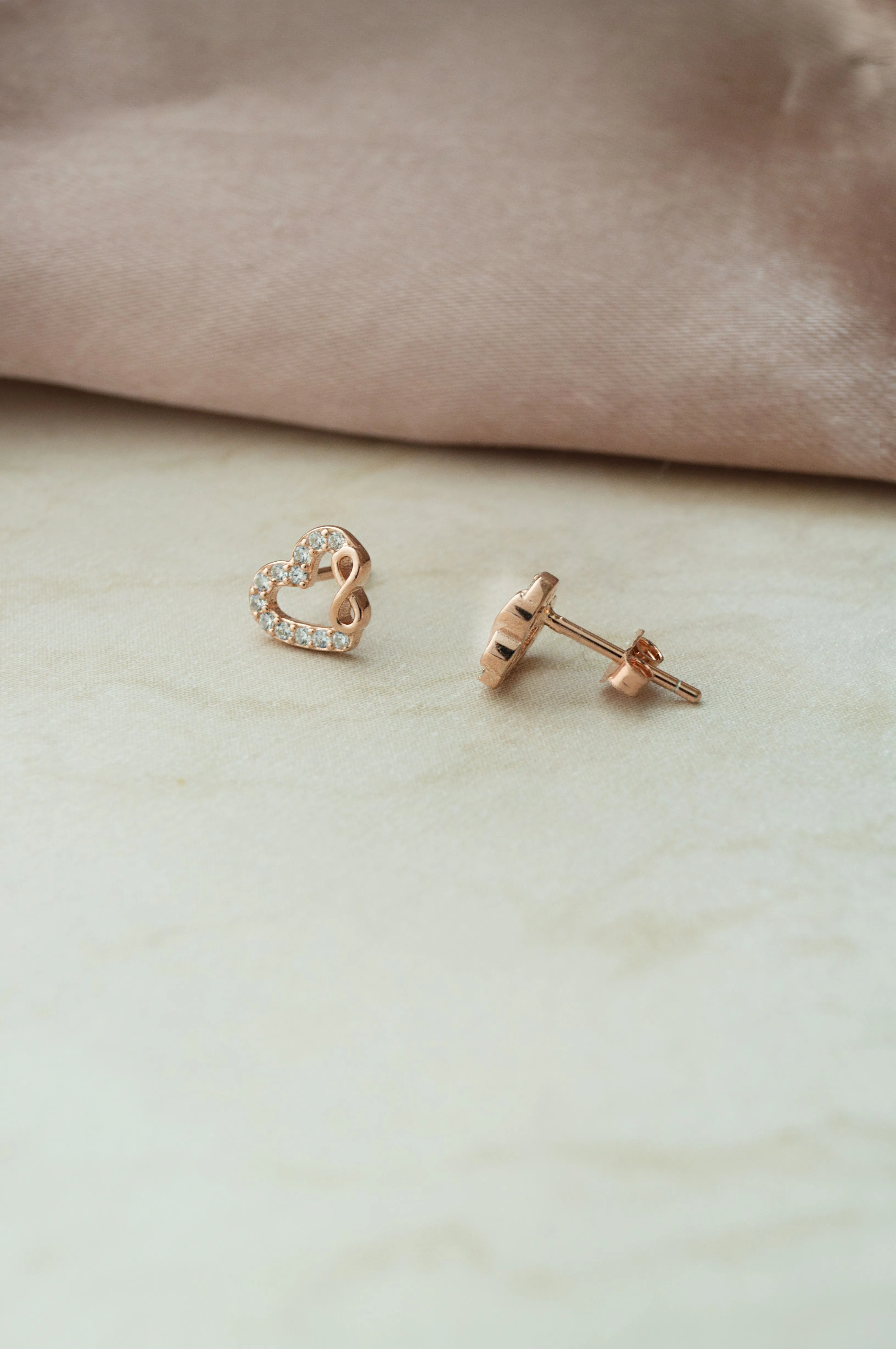 Heart & Infinity Rose Gold Plated Sterling Silver Stud Earrings