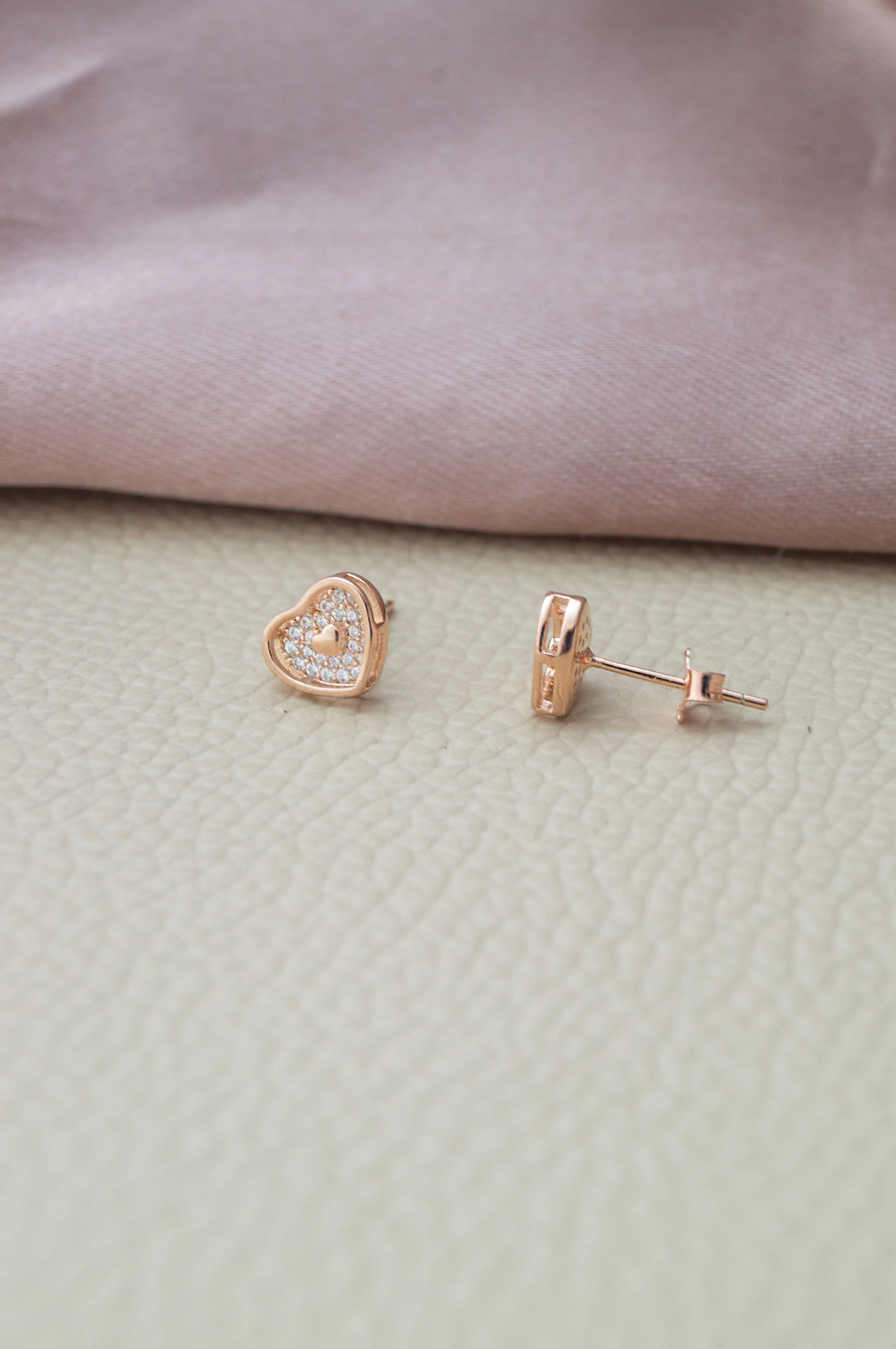 Heart In A Blinging Heart Rose Gold Plated Sterling Silver Stud Earrings