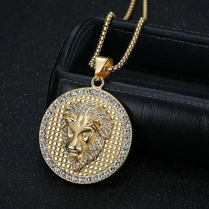 Hip Hop Titanium Steel Round Gold Plated Lion Head Pendant