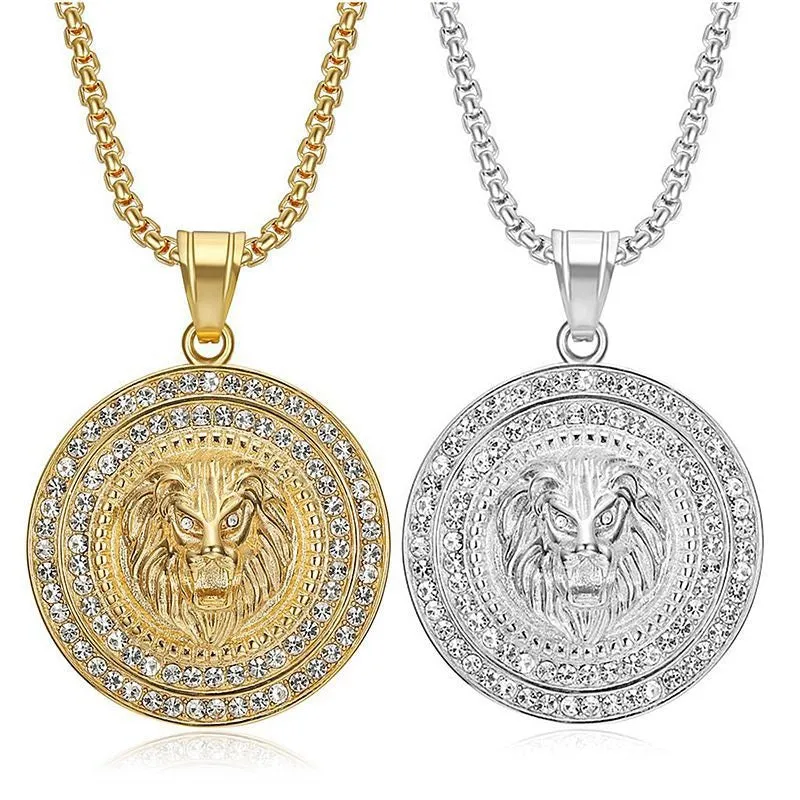 Hip Hop Titanium Steel Round Gold Plated Lion Head Pendant