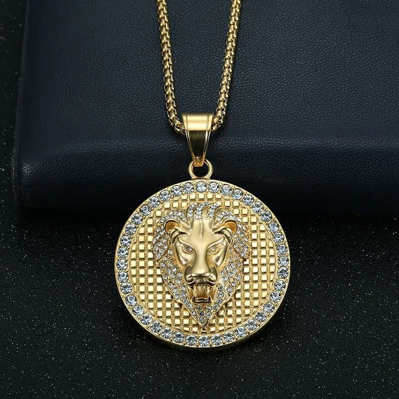 Hip Hop Titanium Steel Round Gold Plated Lion Head Pendant