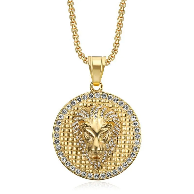 Hip Hop Titanium Steel Round Gold Plated Lion Head Pendant