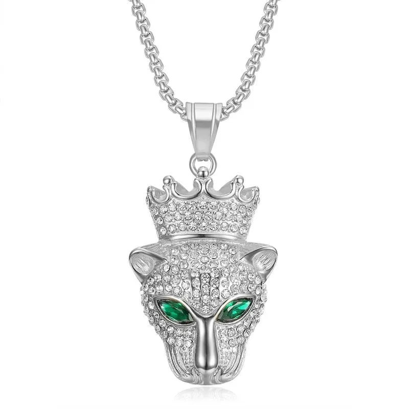 Hip Hop Zircon Crown Leopard Head Pendant