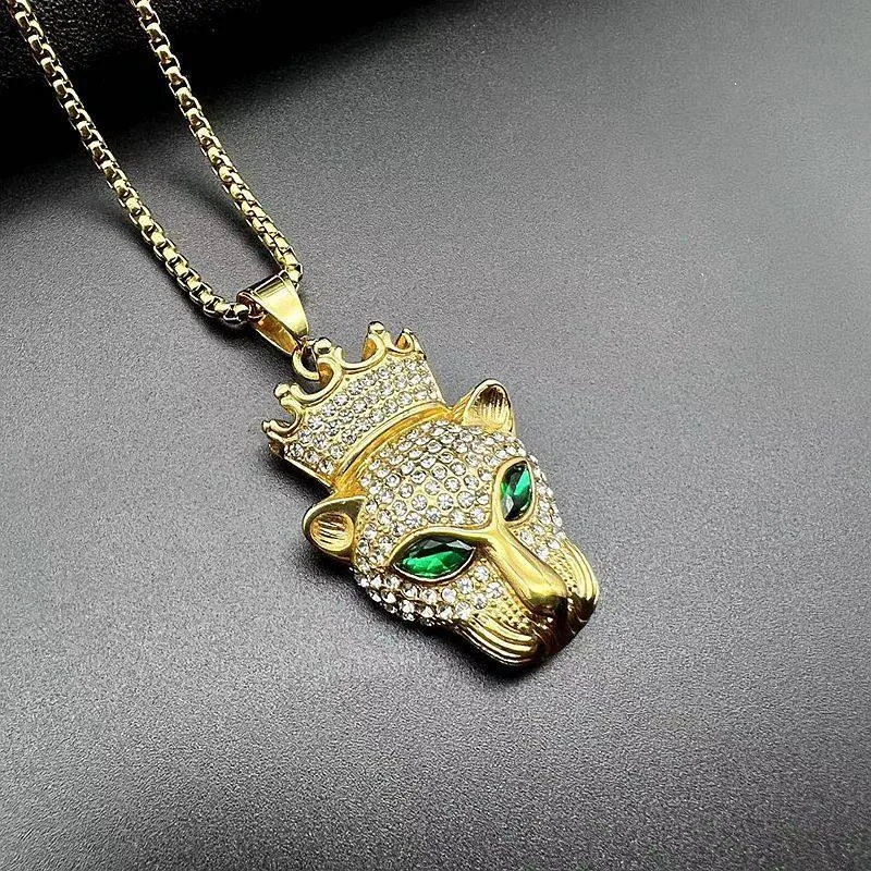 Hip Hop Zircon Crown Leopard Head Pendant