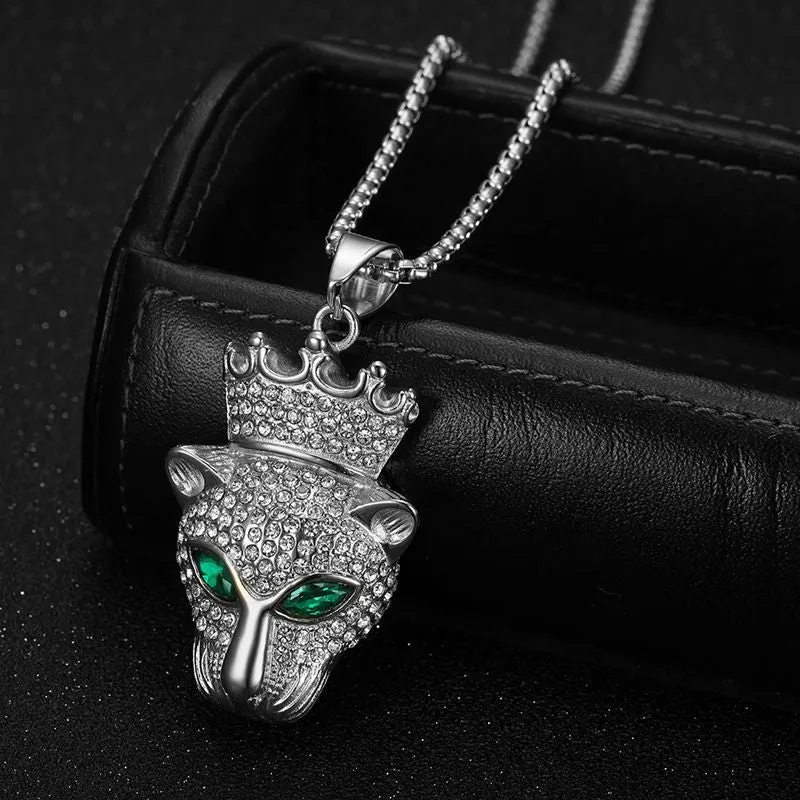 Hip Hop Zircon Crown Leopard Head Pendant