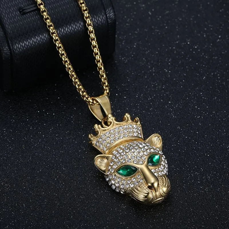 Hip Hop Zircon Crown Leopard Head Pendant