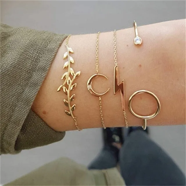 KISS WIFE 5Pcs/Set Fashion Punk Gold Chain Moon Leaf Crystal Geometry Open Bracelet Set Women Charm Beach Jewelry A Direct Sale