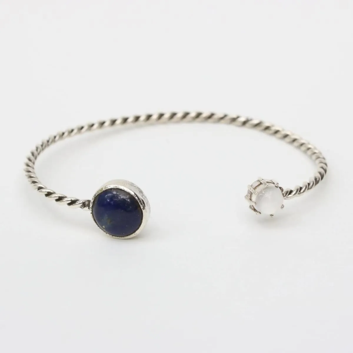 Lapis lazuli and moonstone gemstones cuff bracelet with sterling silver twist band design/TP