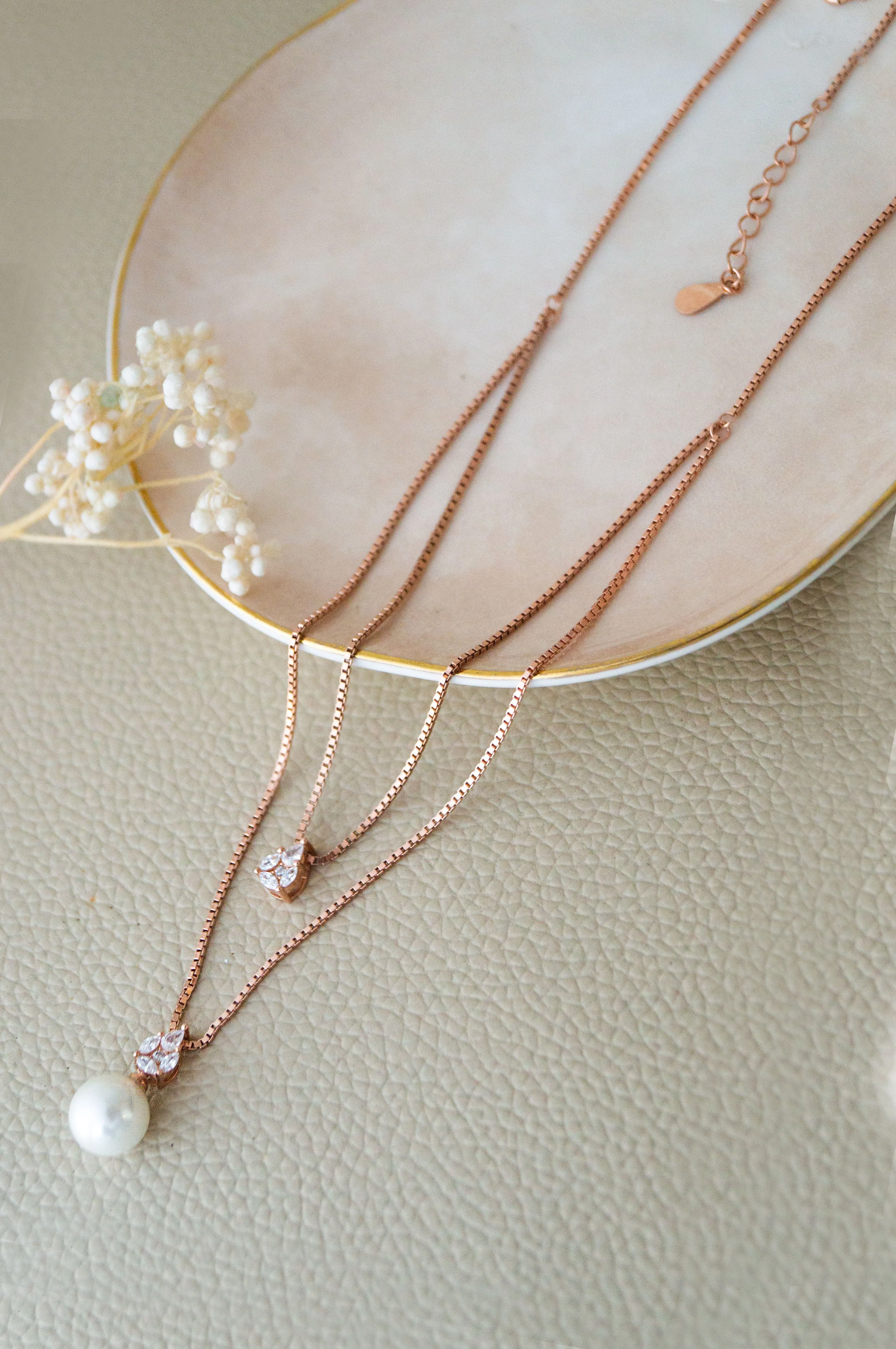 Layered Pearly Glam Rose Gold Plated Sterling Silver Chain Necklace