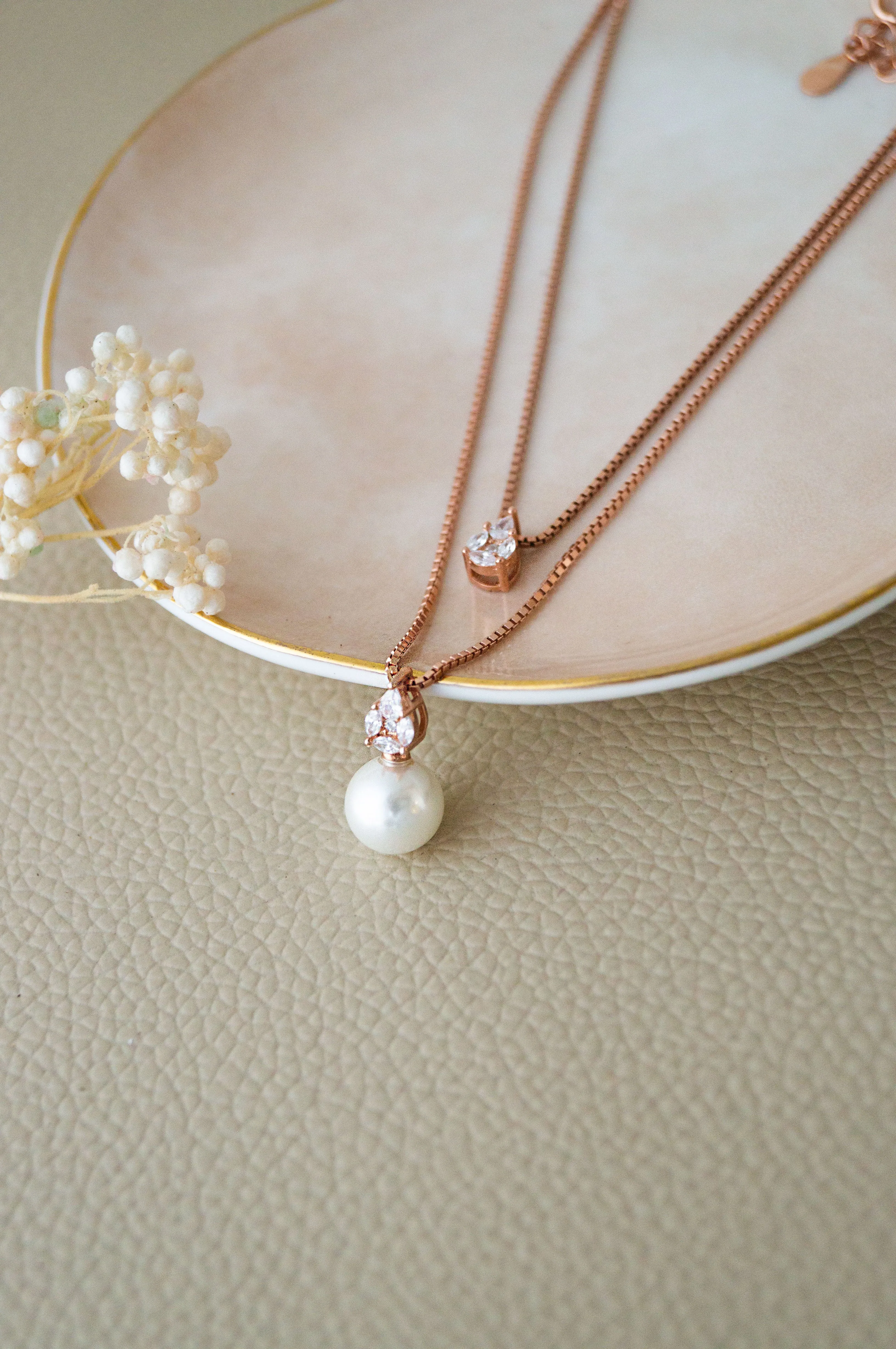 Layered Pearly Glam Rose Gold Plated Sterling Silver Chain Necklace