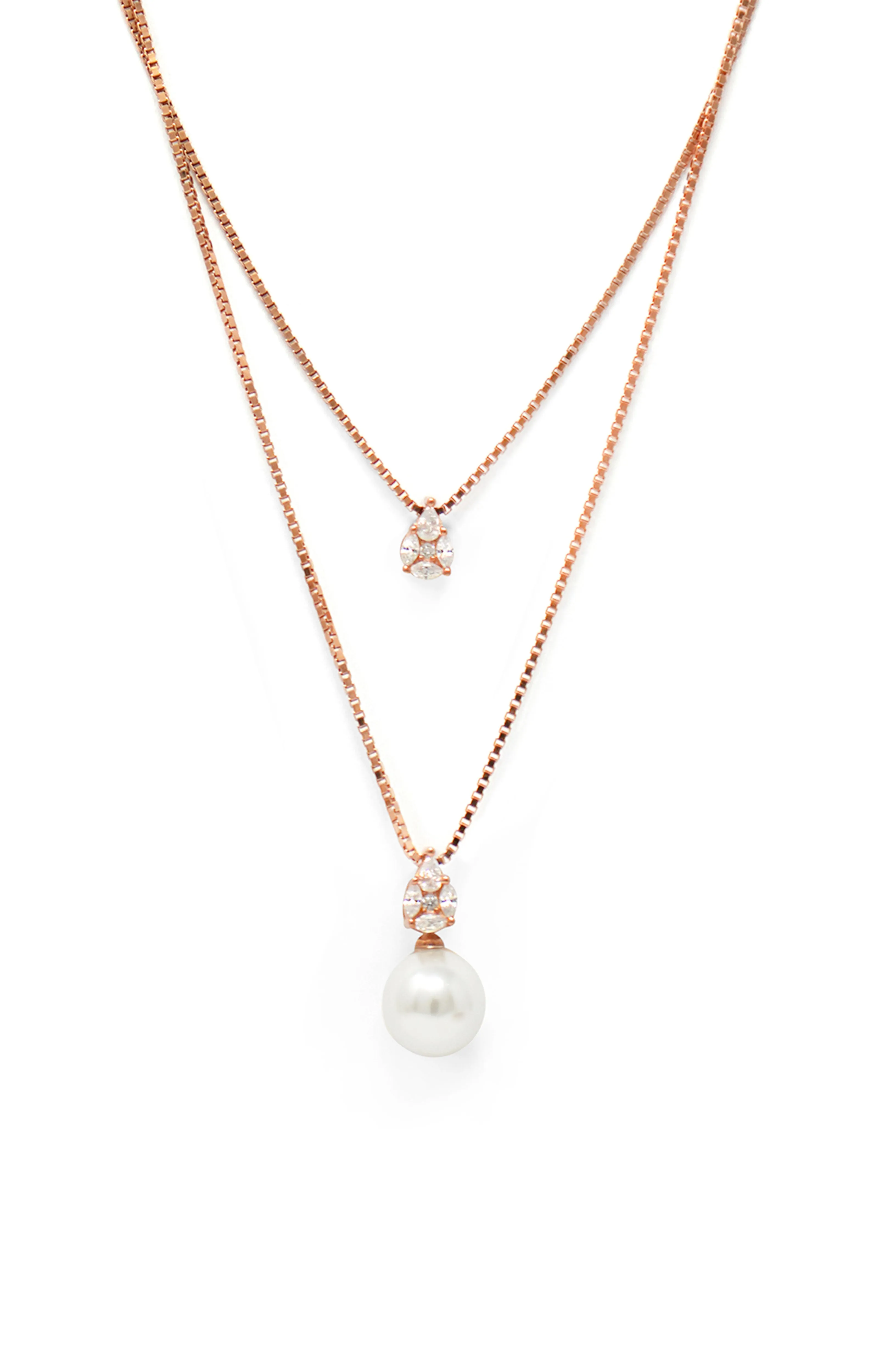 Layered Pearly Glam Rose Gold Plated Sterling Silver Chain Necklace