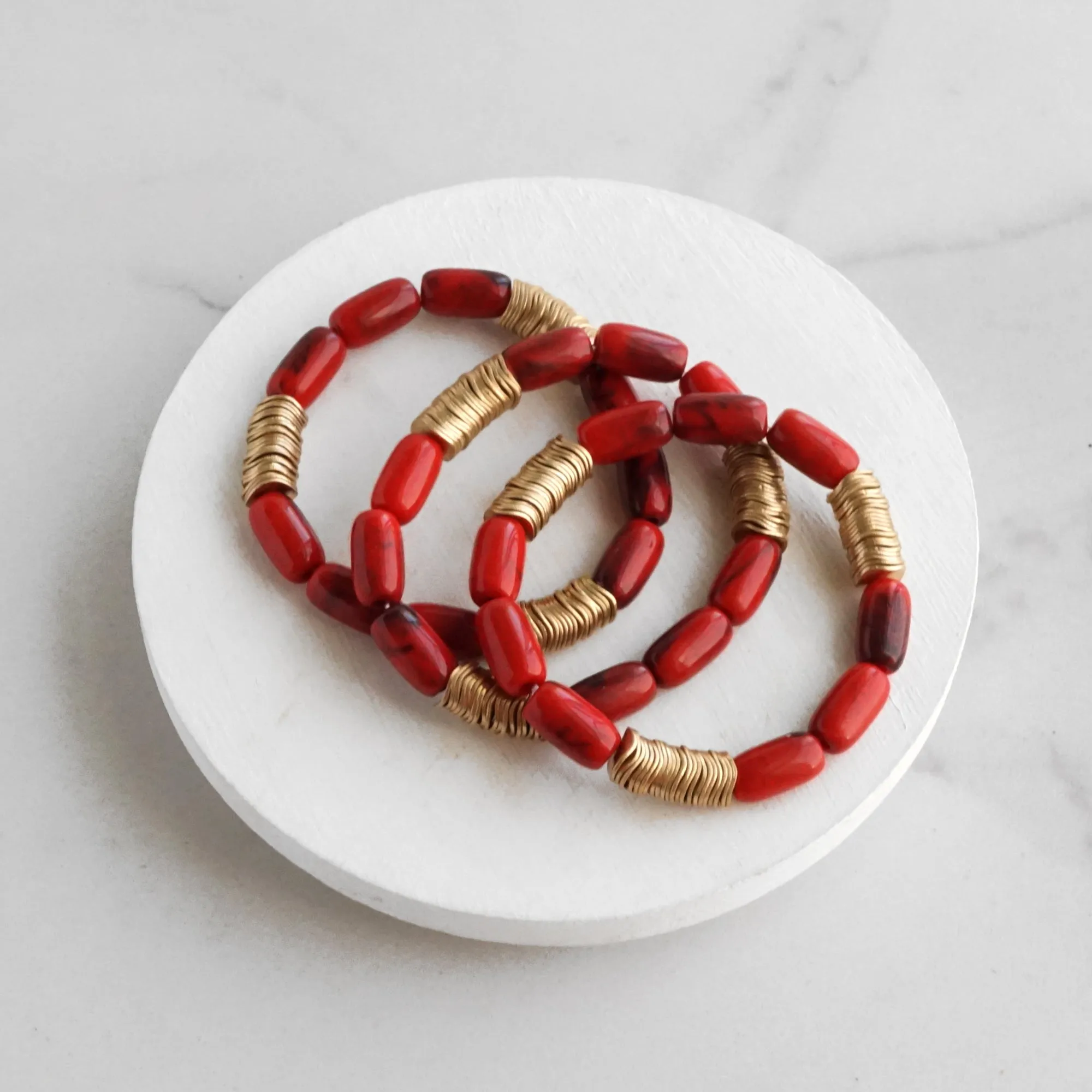 Marbled Glass Oval Beads Stack of 3 bracelets with golden discs Boho Bracelet Set