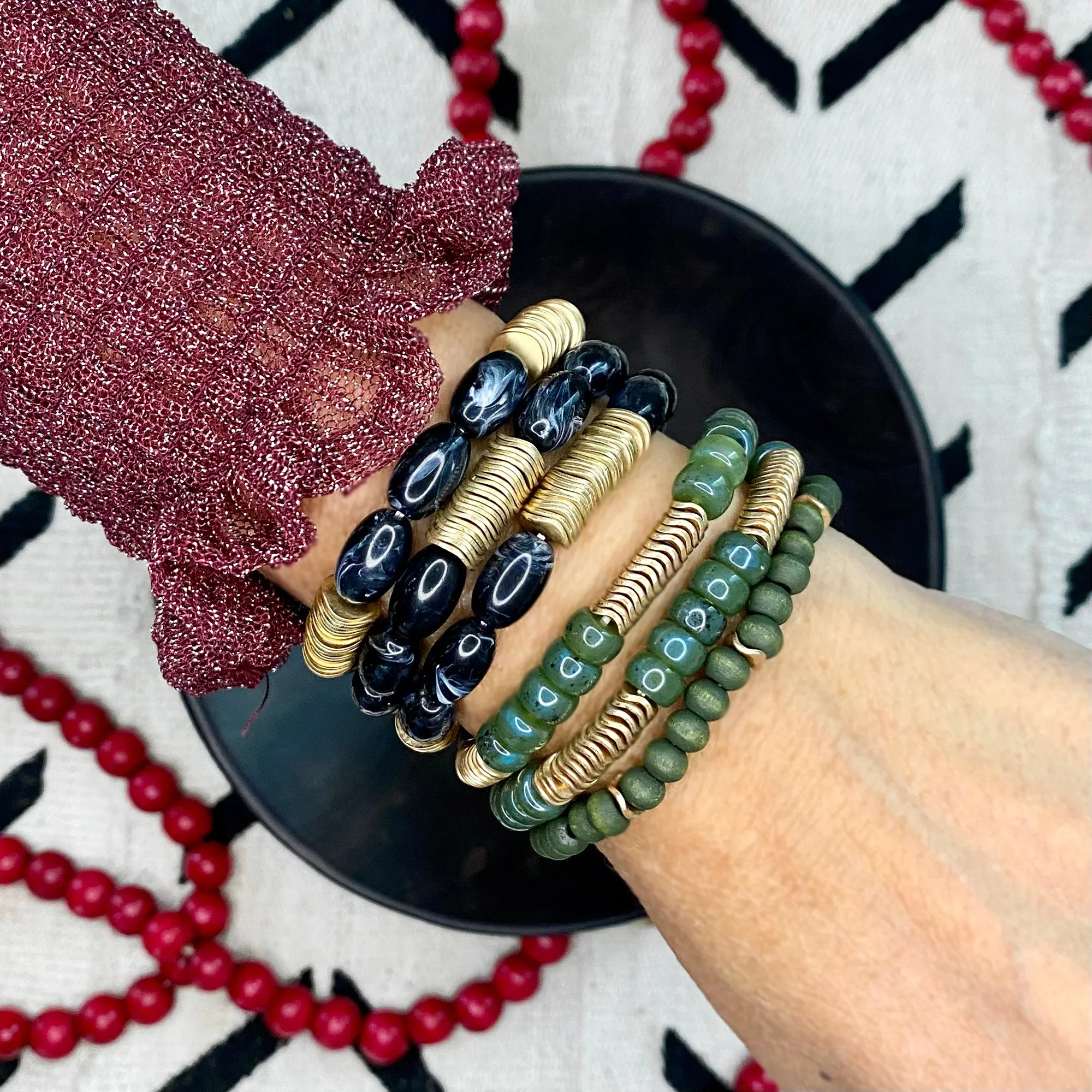 Marbled Glass Oval Beads Stack of 3 bracelets with golden discs Boho Bracelet Set