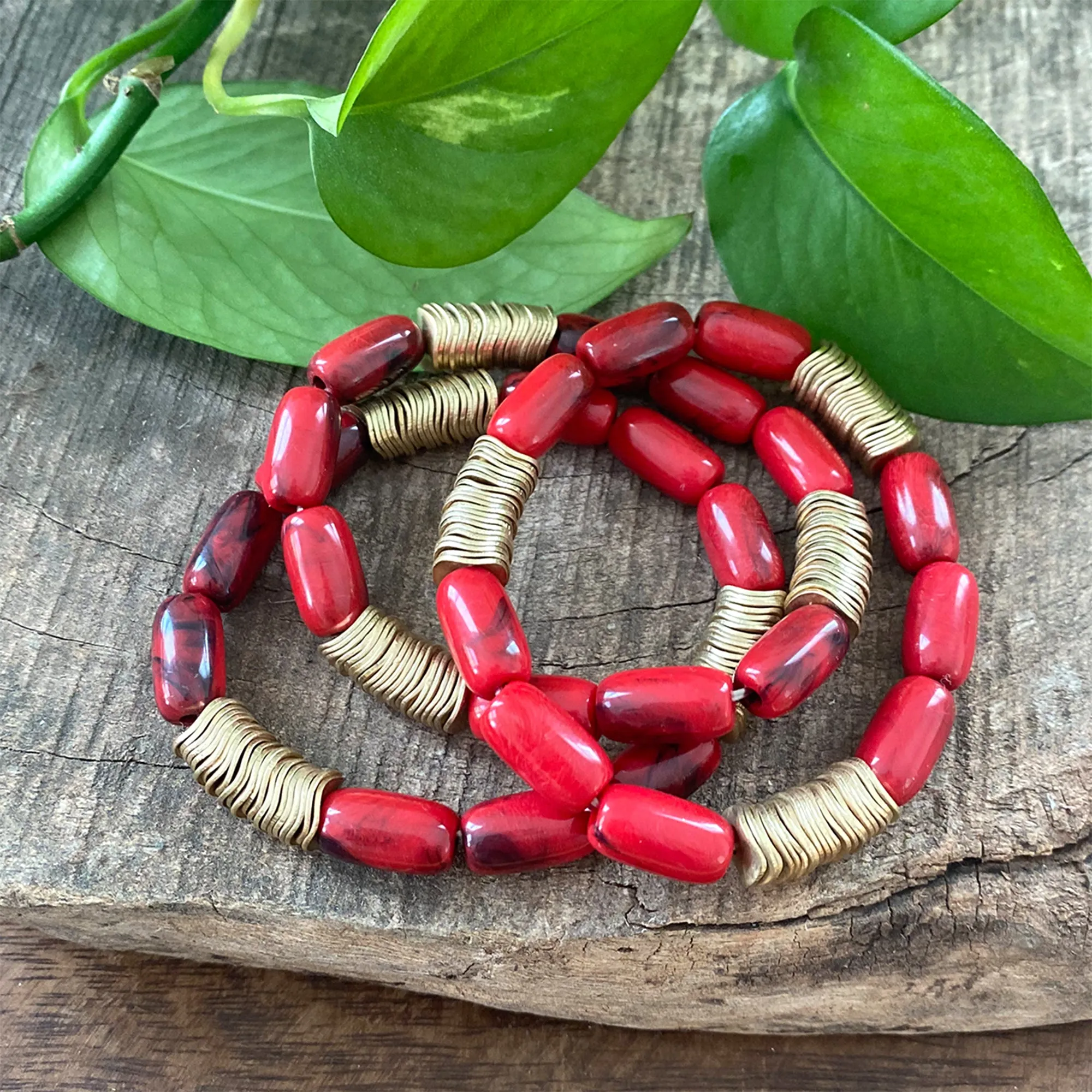 Marbled Glass Oval Beads Stack of 3 bracelets with golden discs Boho Bracelet Set