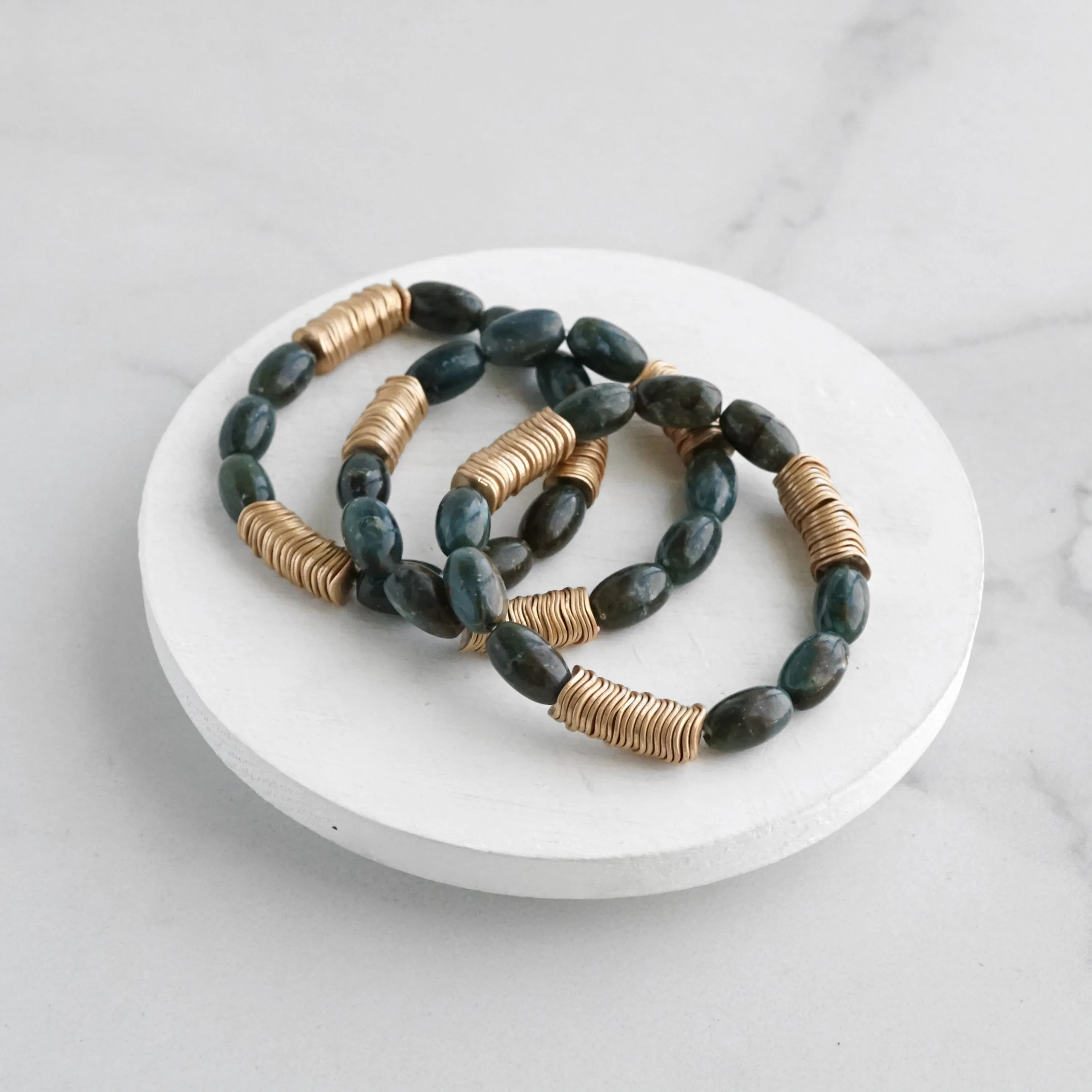 Marbled Glass Oval Beads Stack of 3 bracelets with golden discs Boho Bracelet Set