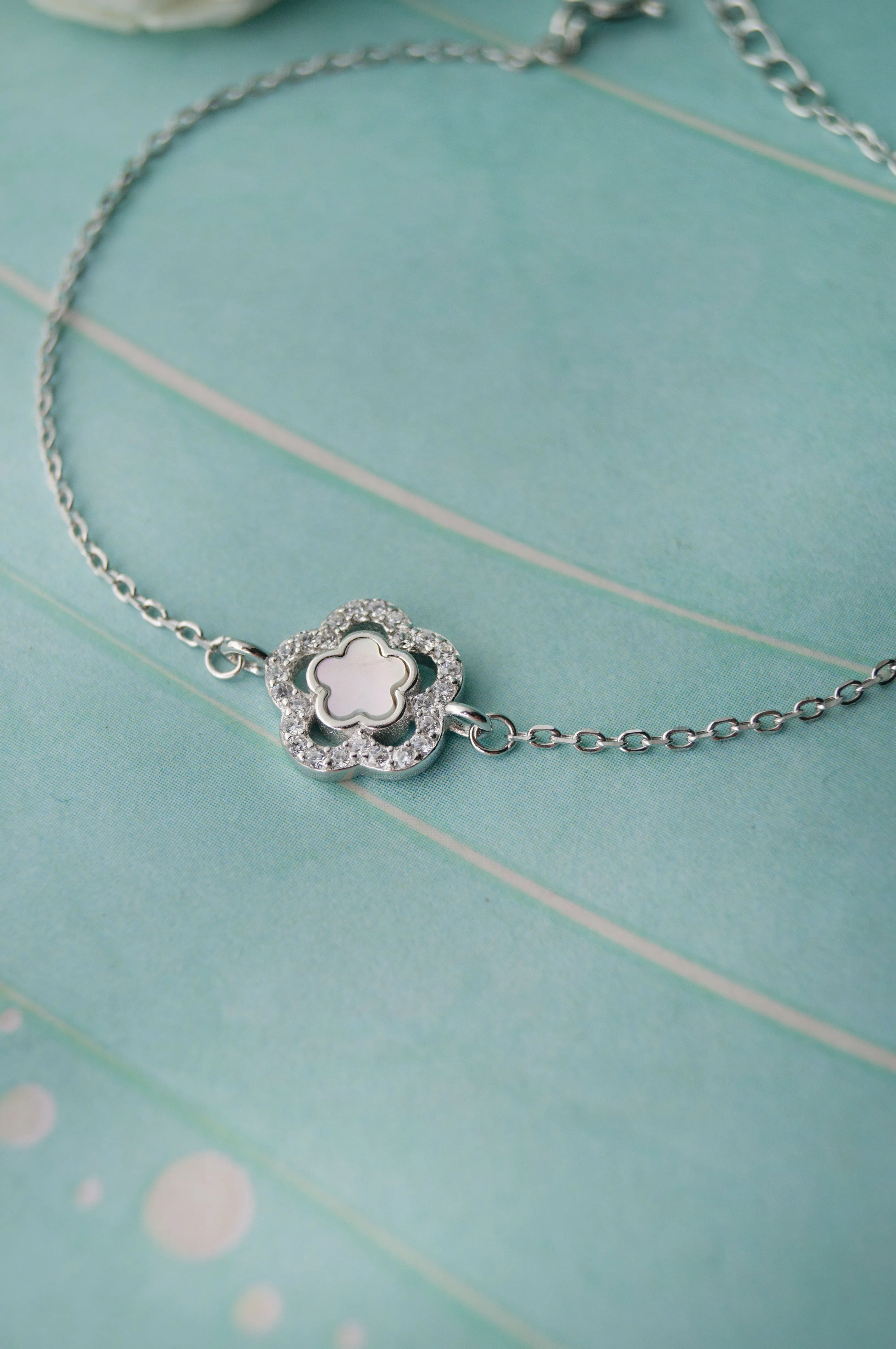 Mother Of Pearl Flower Sterling Silver Chain Bracelet