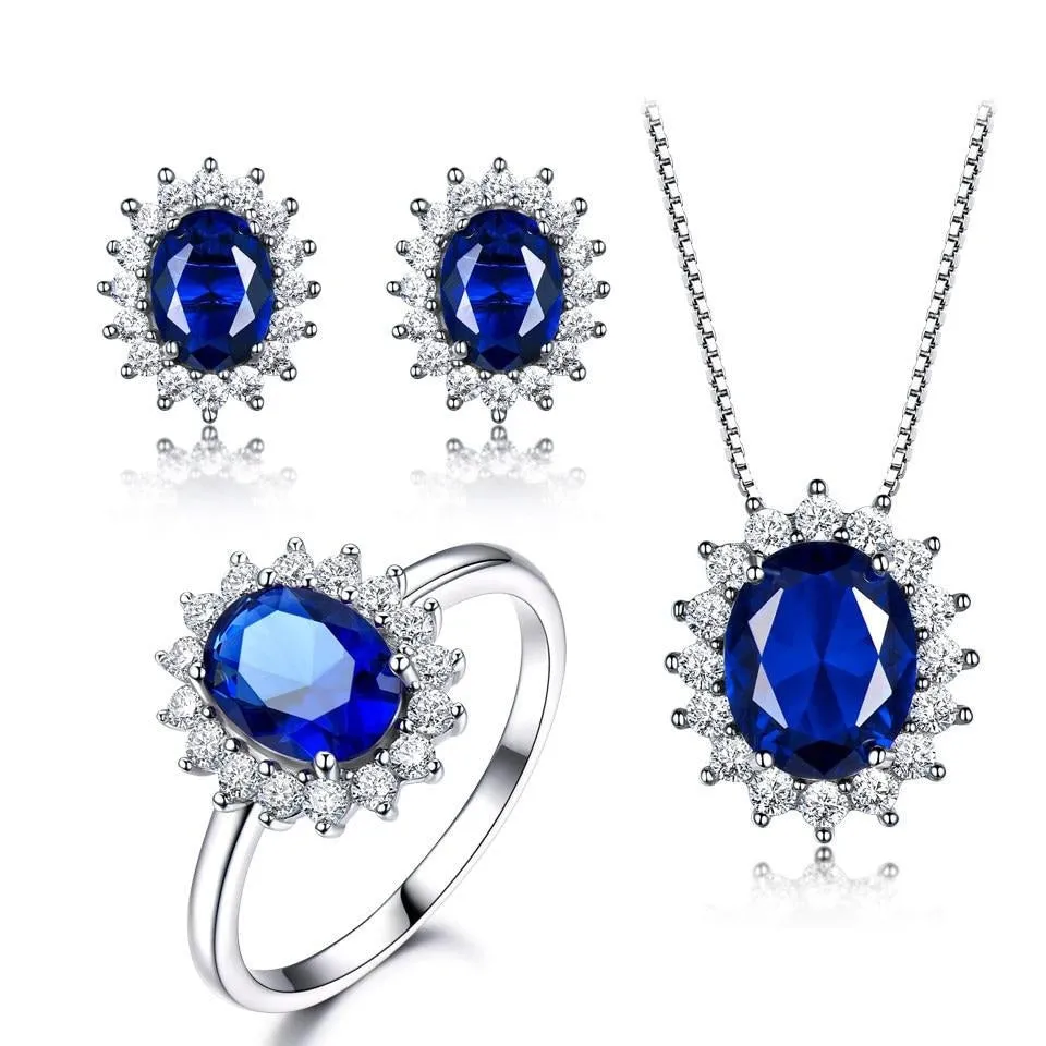 Nano Blue Sapphire and Cubic Zirconia 925 Sterling Silver Pendant, Stud Earrings & Ring Jewelry Set