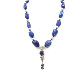 Natural Lapis Lazuli & Silver Beads Pendant Necklace Jewelry, Handmade Indian Stone Necklace Jewelry