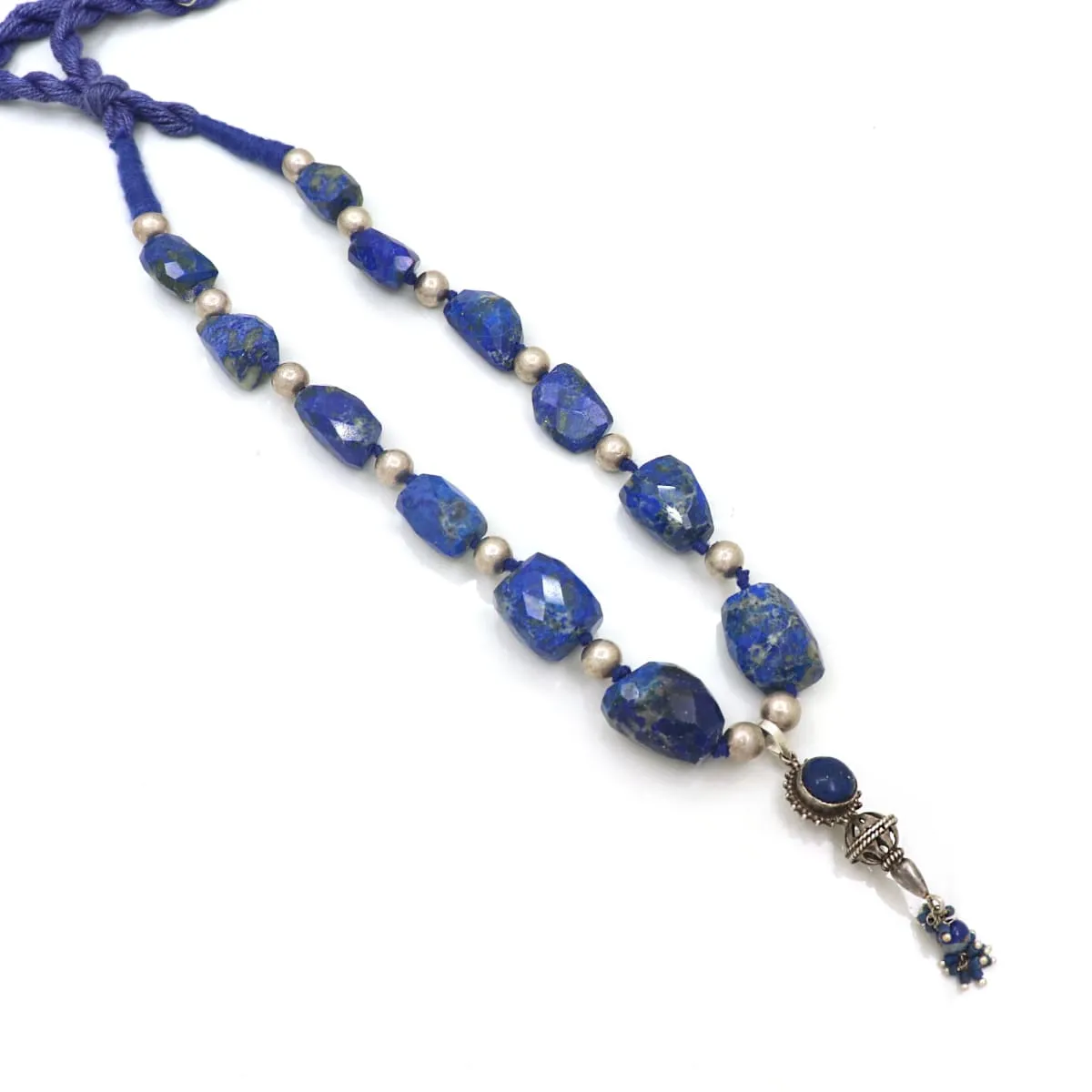 Natural Lapis Lazuli & Silver Beads Pendant Necklace Jewelry, Handmade Indian Stone Necklace Jewelry