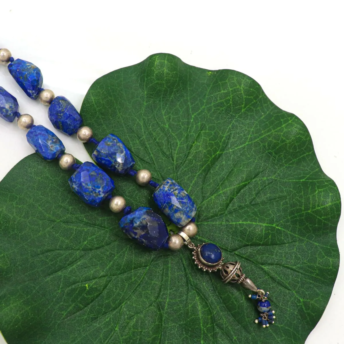 Natural Lapis Lazuli & Silver Beads Pendant Necklace Jewelry, Handmade Indian Stone Necklace Jewelry