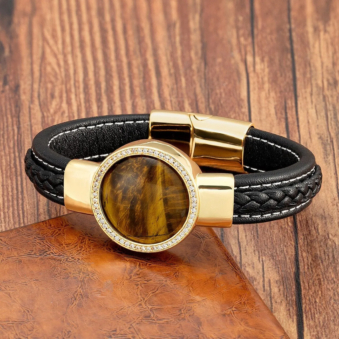 Natural Round Tiger Eye Leather Bracelet