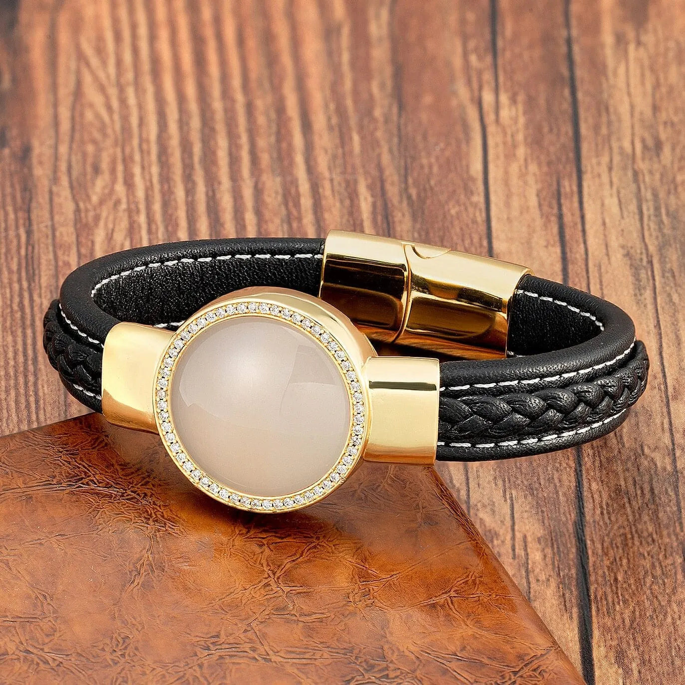 Natural Round Tiger Eye Leather Bracelet