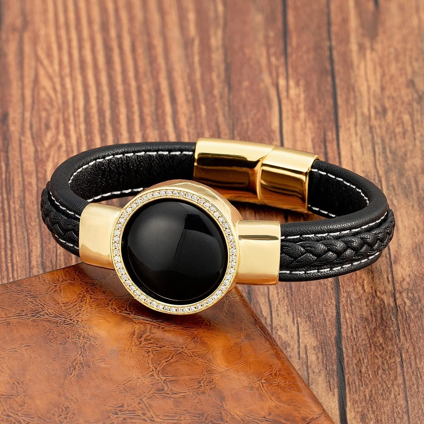 Natural Round Tiger Eye Leather Bracelet