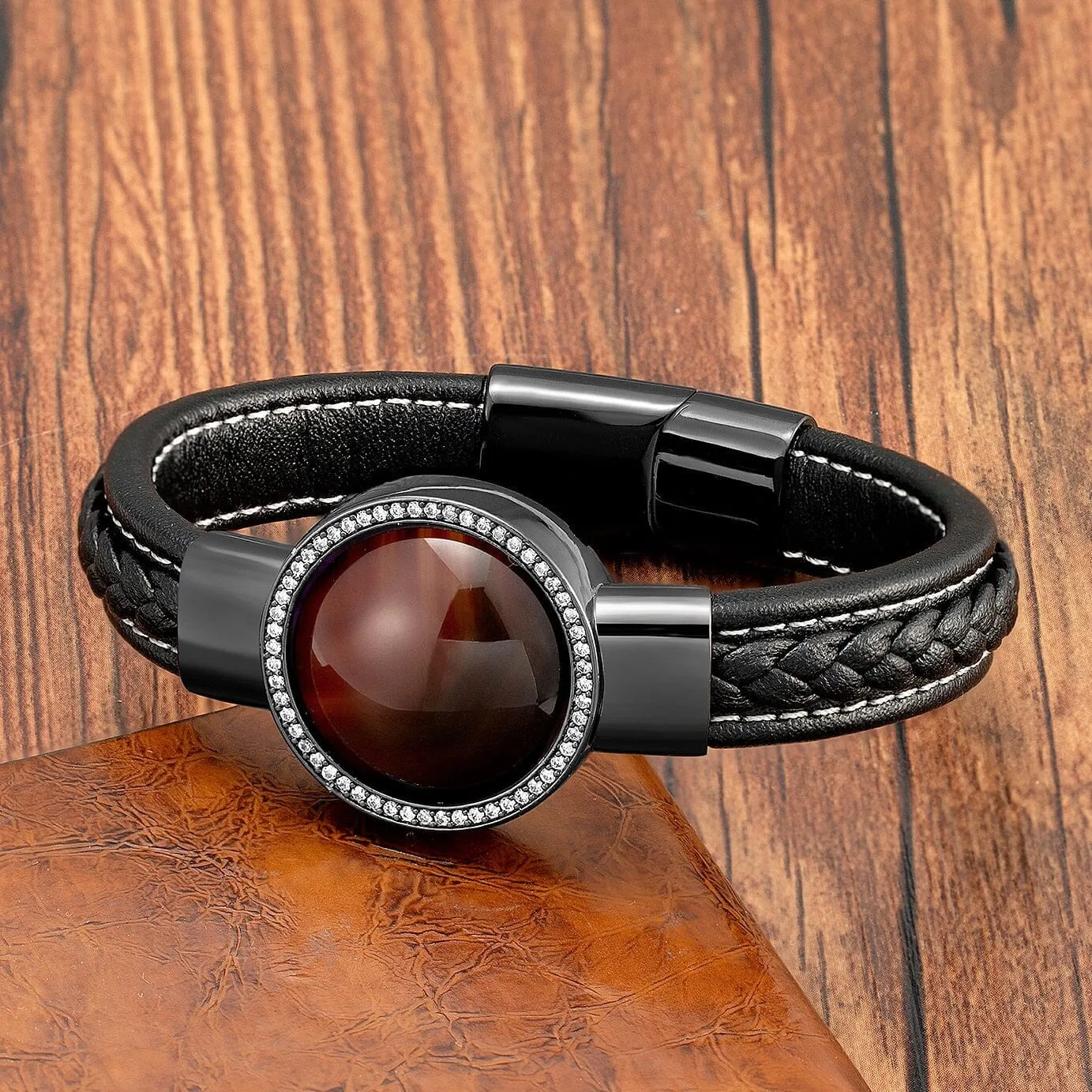 Natural Round Tiger Eye Leather Bracelet