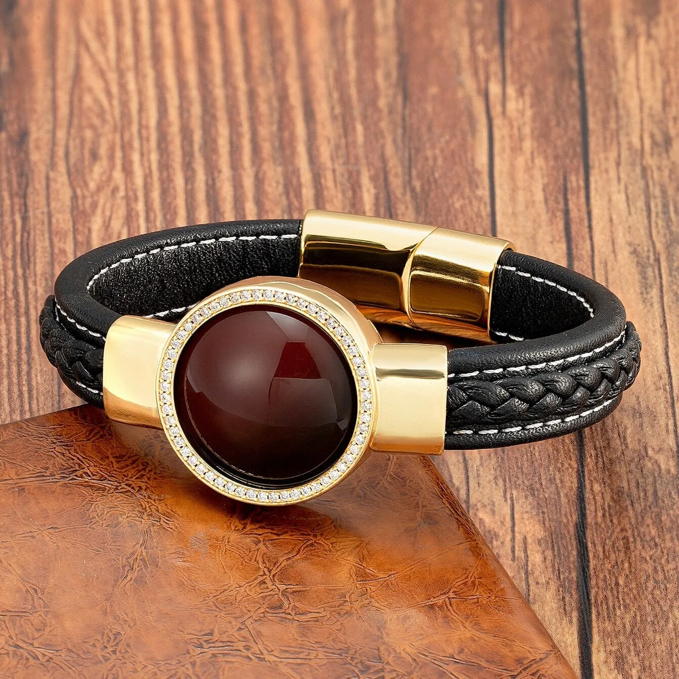 Natural Round Tiger Eye Leather Bracelet