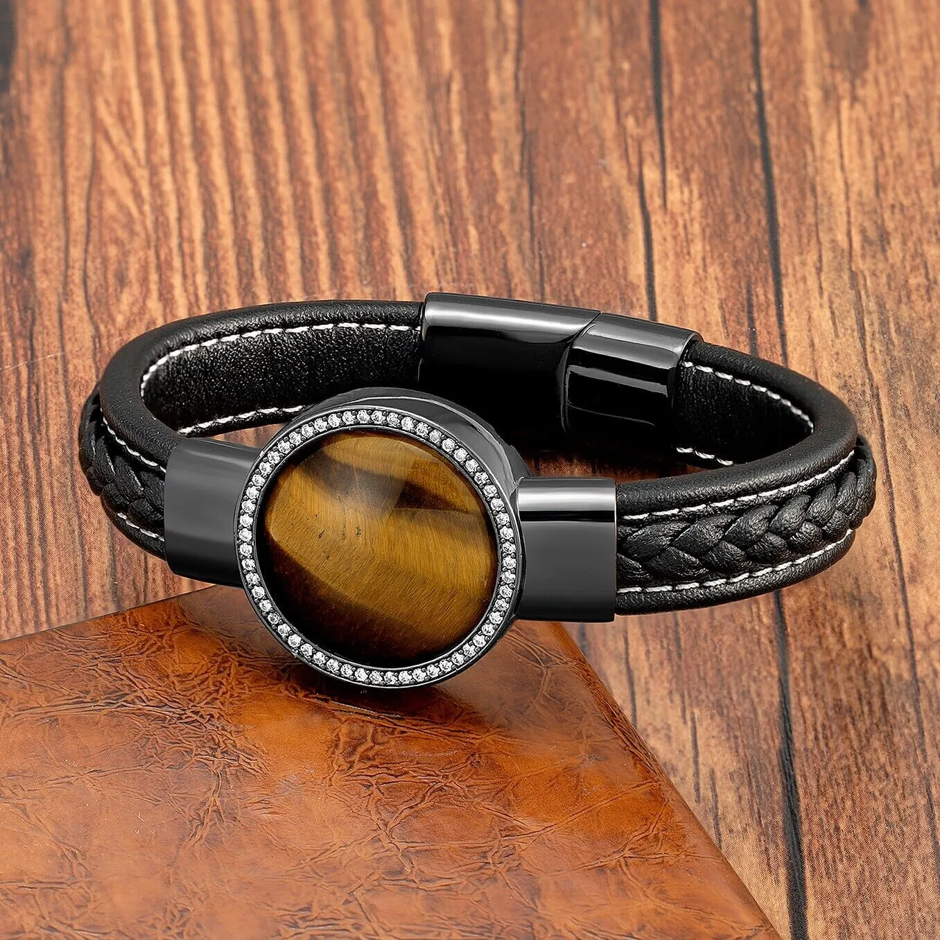 Natural Round Tiger Eye Leather Bracelet