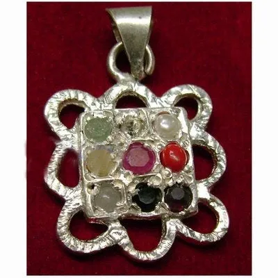 Natural Stone Multi Color Navratna Navgraha Nine Gems Pendant in White Metal Square shape