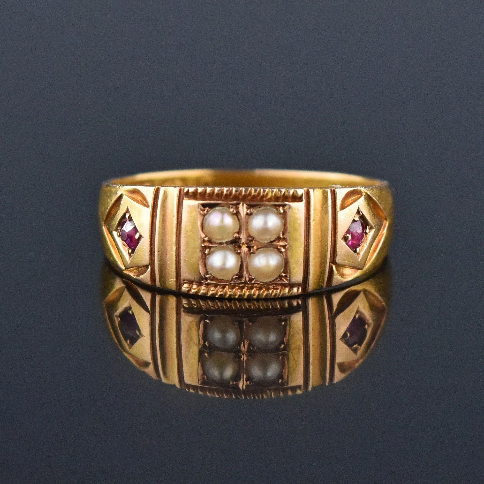 ON LAYAWAY Antique 15K Gold Ruby Pearl Gypsy Band Ring, C 1880s