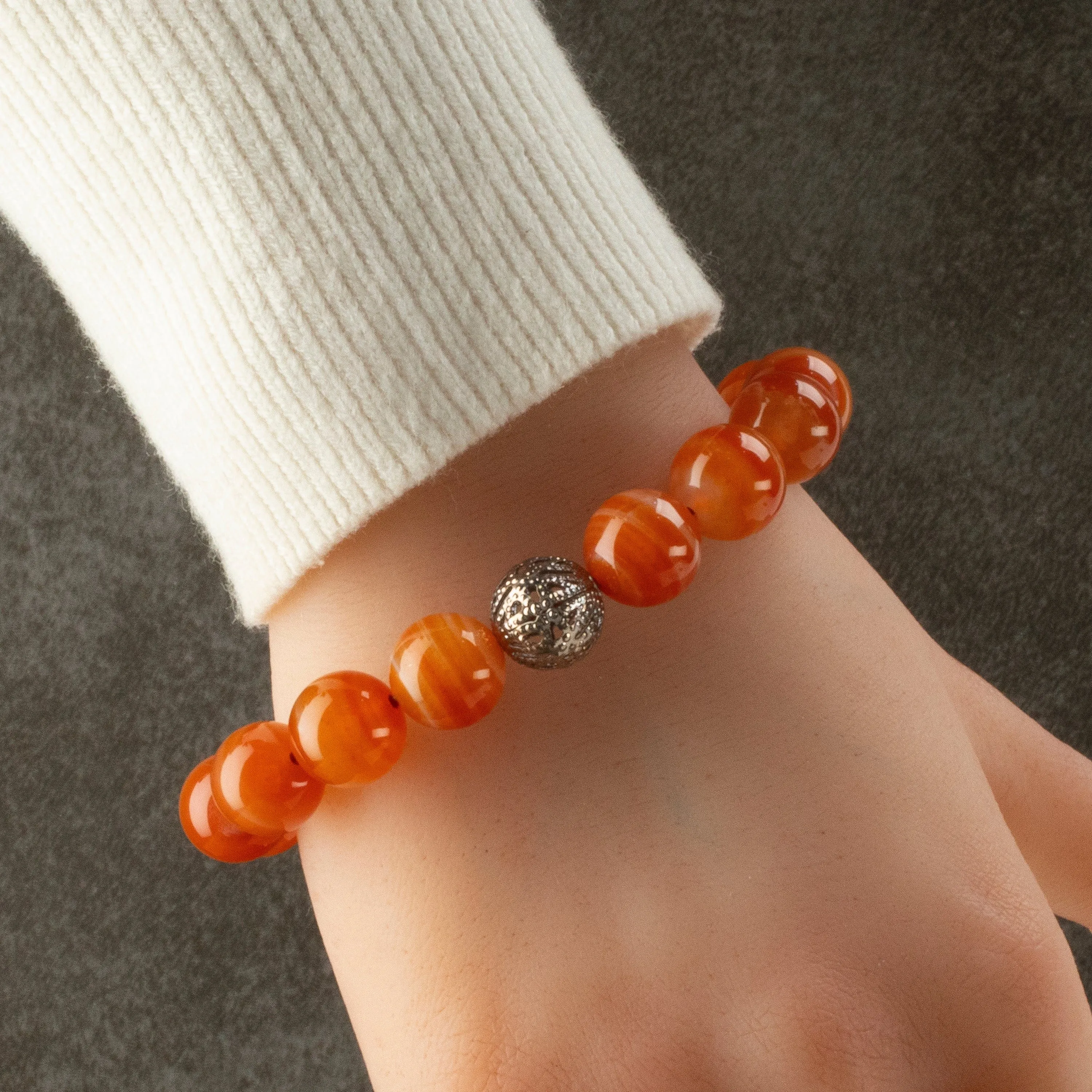 Polished Banded Carnelian 12mm Gemstone Bead Elastic Bracelet with Silver Accent Bead