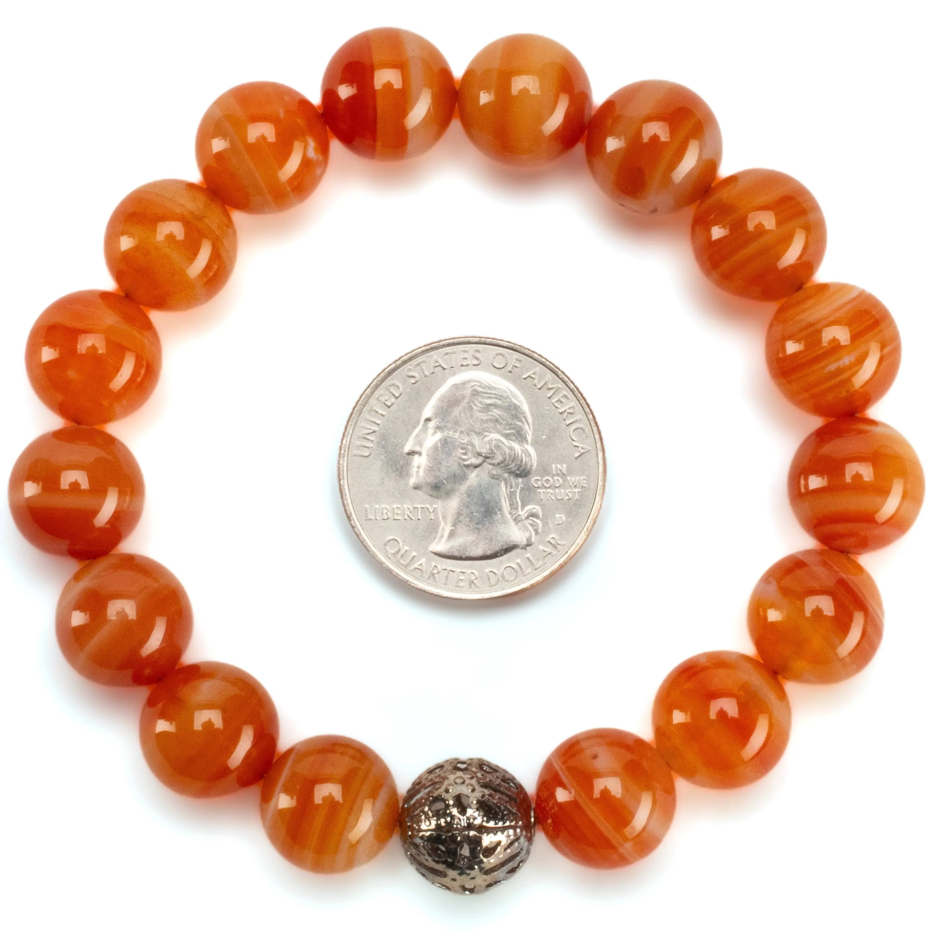 Polished Banded Carnelian 12mm Gemstone Bead Elastic Bracelet with Silver Accent Bead