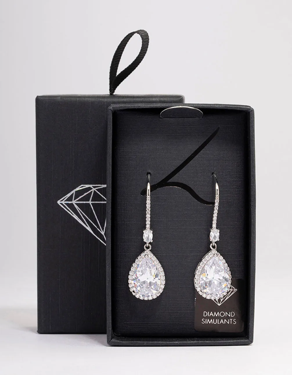 Rhodium Cubic Zirconia Pear Diamante Hook Drop Earrings