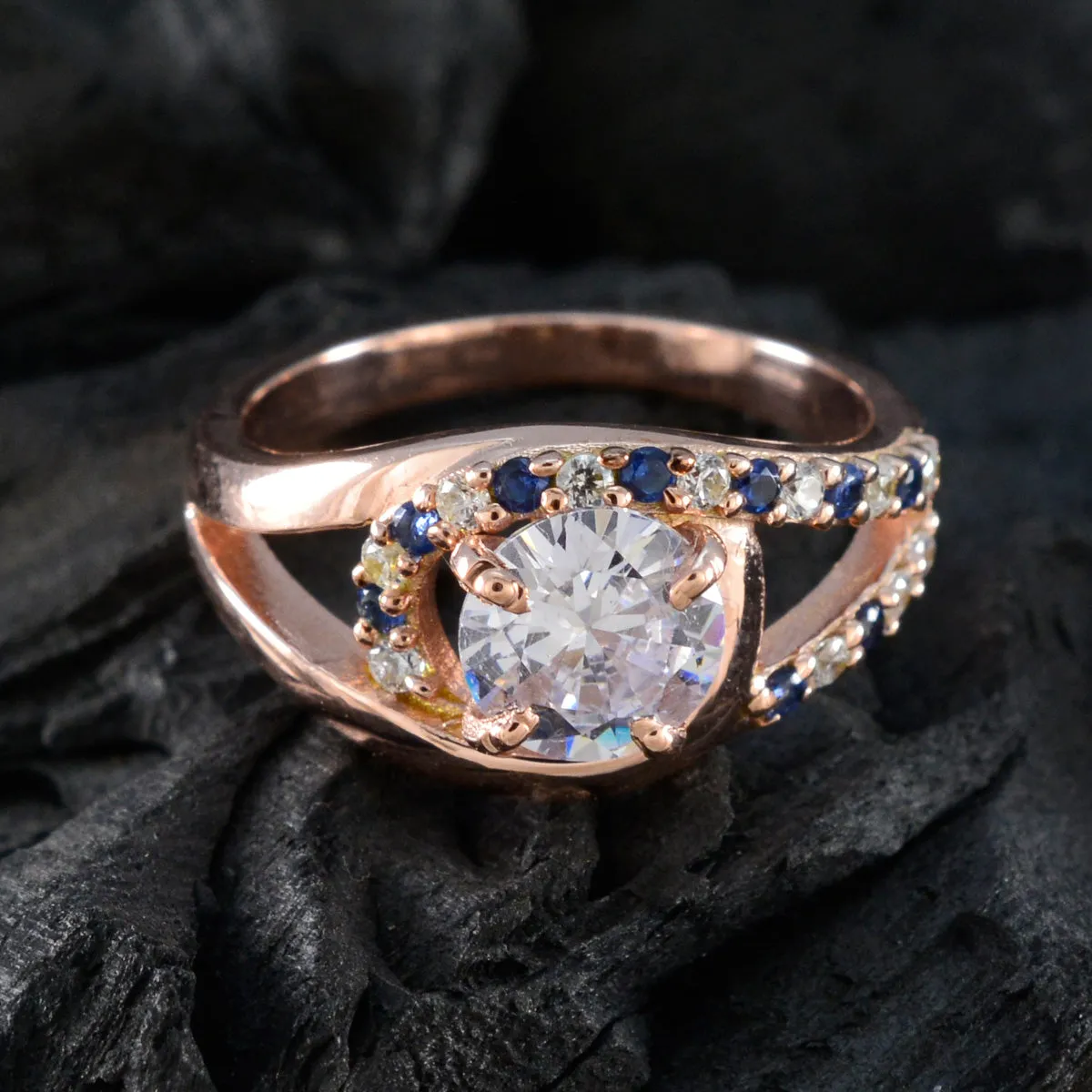 Riyo Antique Silver Ring With Rose Gold Plating Blue Sapphire CZ Stone Round Shape Prong Setting Custom Jewelry Thanksgiving Ring