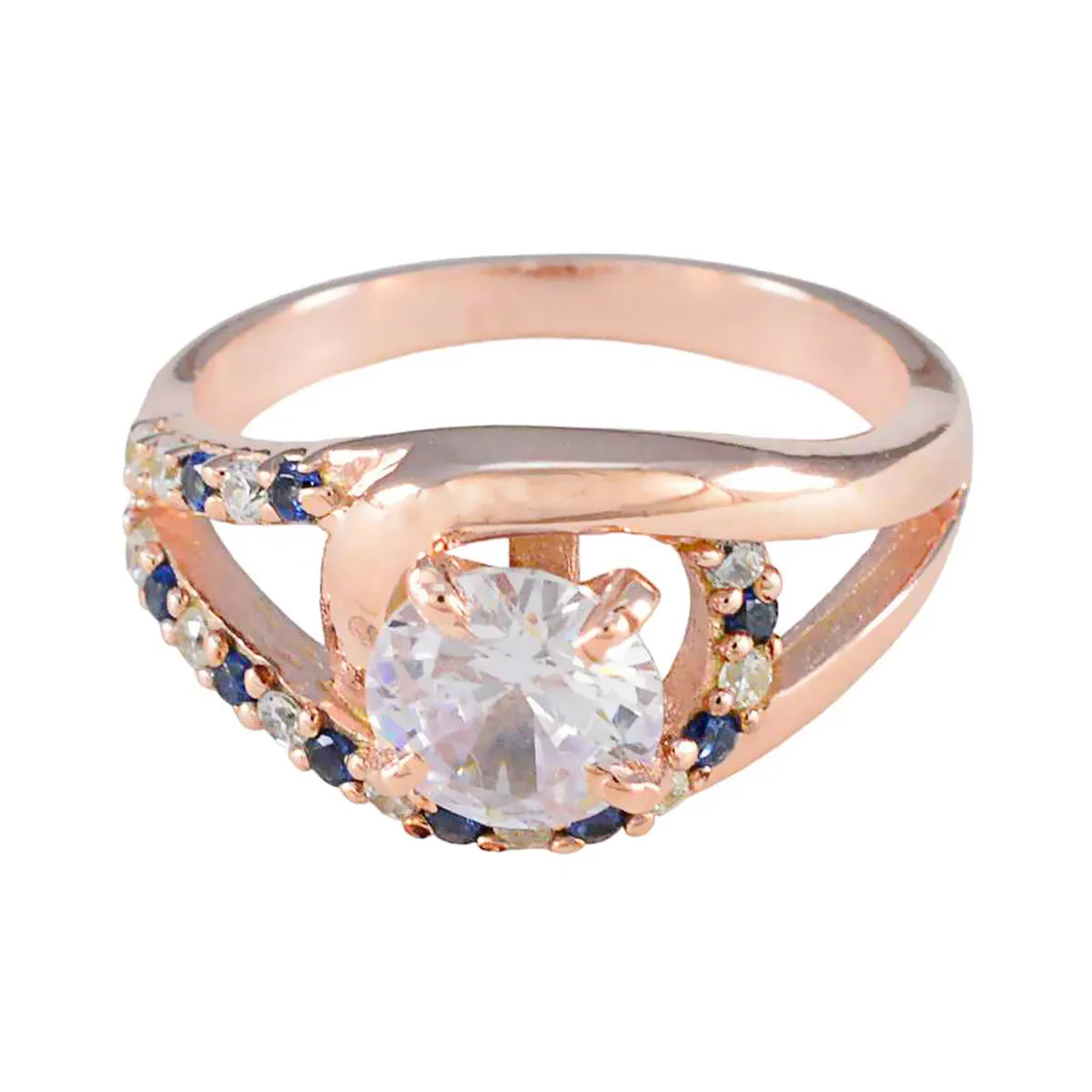 Riyo Antique Silver Ring With Rose Gold Plating Blue Sapphire CZ Stone Round Shape Prong Setting Custom Jewelry Thanksgiving Ring