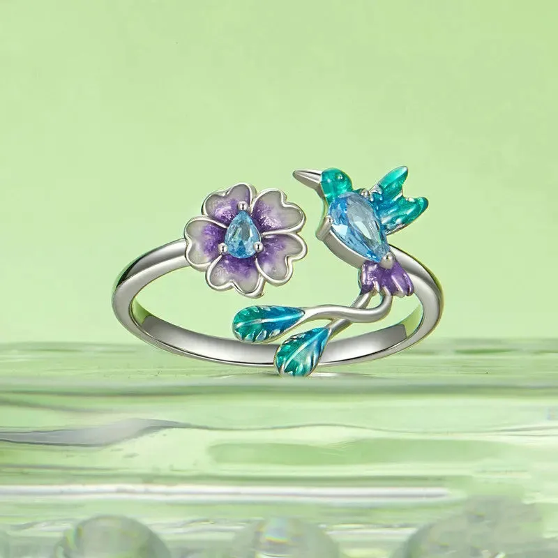 Romantic Colorful Cubic Zirconia Flower with Bird Sterling Silver Wedding Ring