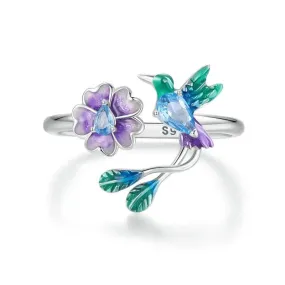 Romantic Colorful Cubic Zirconia Flower with Bird Sterling Silver Wedding Ring