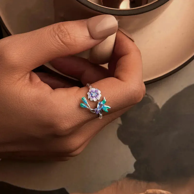 Romantic Colorful Cubic Zirconia Flower with Bird Sterling Silver Wedding Ring