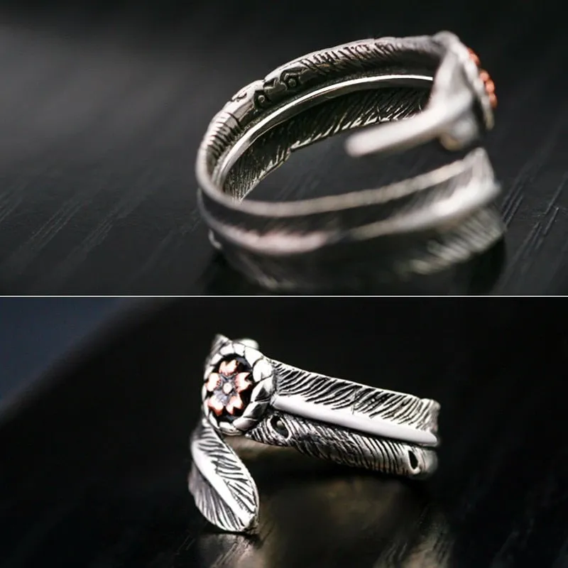 Rose Gold Flower and Feather 925 Sterling Silver Adjustable Vintage Punk Ring