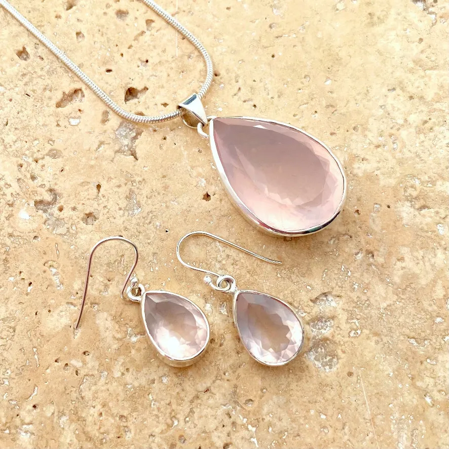 Rose Quartz Teardrop Pendant and Earring Set- Grace